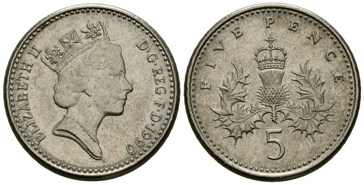 Великобритания 5 пенсов 1990 Елизавета II (1952-2022) KM 937b, Spink 4372 (D4) медно-никель 4173-1237