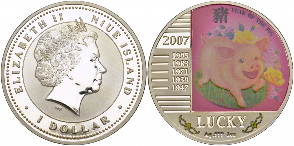 Ниуэ 1 доллар 2007 год Свиньи, удачливый, цветная эмаль KM NEW серебро PROOF 1066-3-53