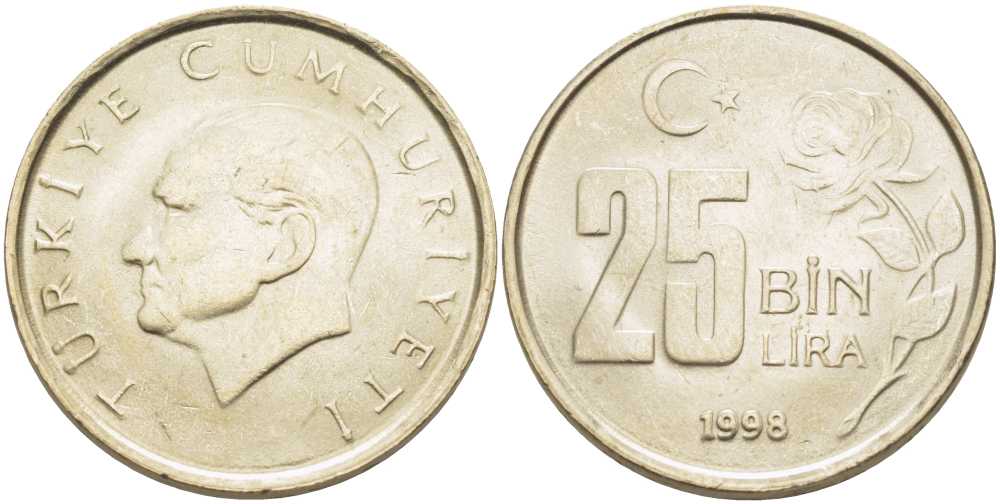 Турция 25000 лир 1998 Мустафа Кемаль Ататюрк KM 1041 медь никель цинк 202-336