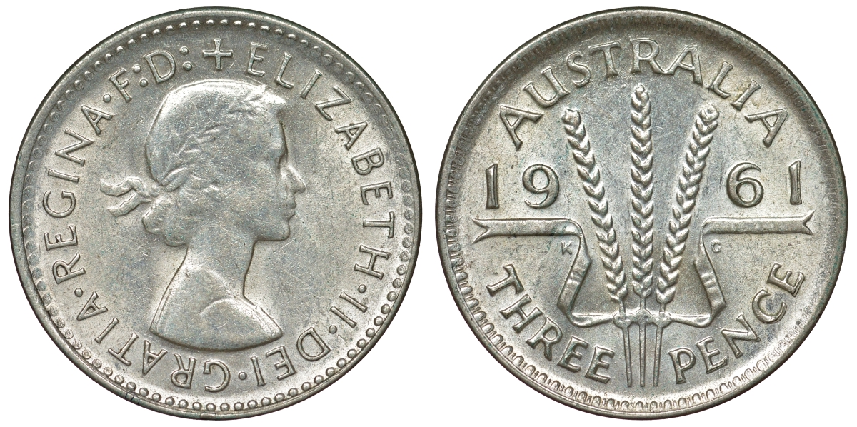 Австралия 3 пенса 1961 m, Елизавета II (1952-2022) KM 57 серебро 71-743