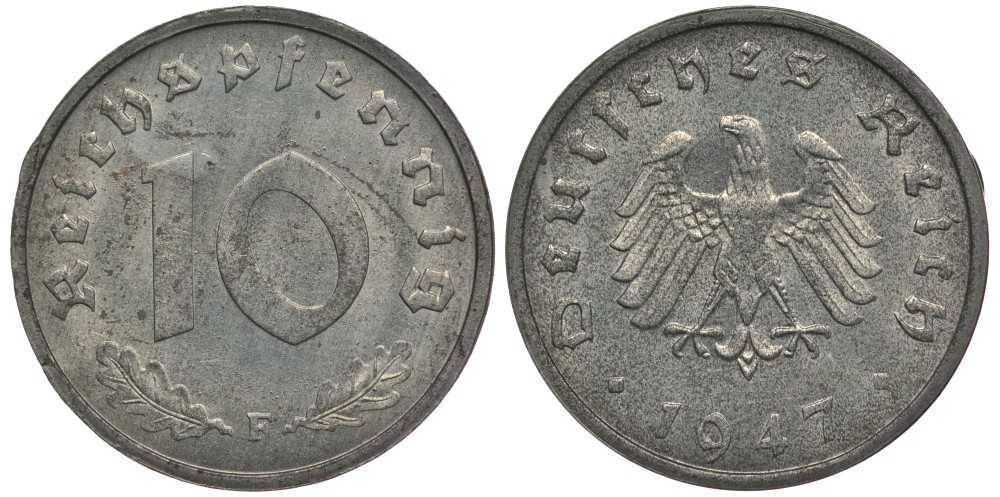 Германия 10 рейхспфеннигов 1947 F, оккупация Германии союзными войсками J. 375, KM A104 цинк UNC 4127-1222