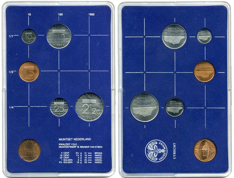 Нидерланды набор из 5 монет (5 цент - 2 1/2 гульдена) + жетон мондвора 1985 в пластике, мондвор Утрехт UNC 5-4-3-83