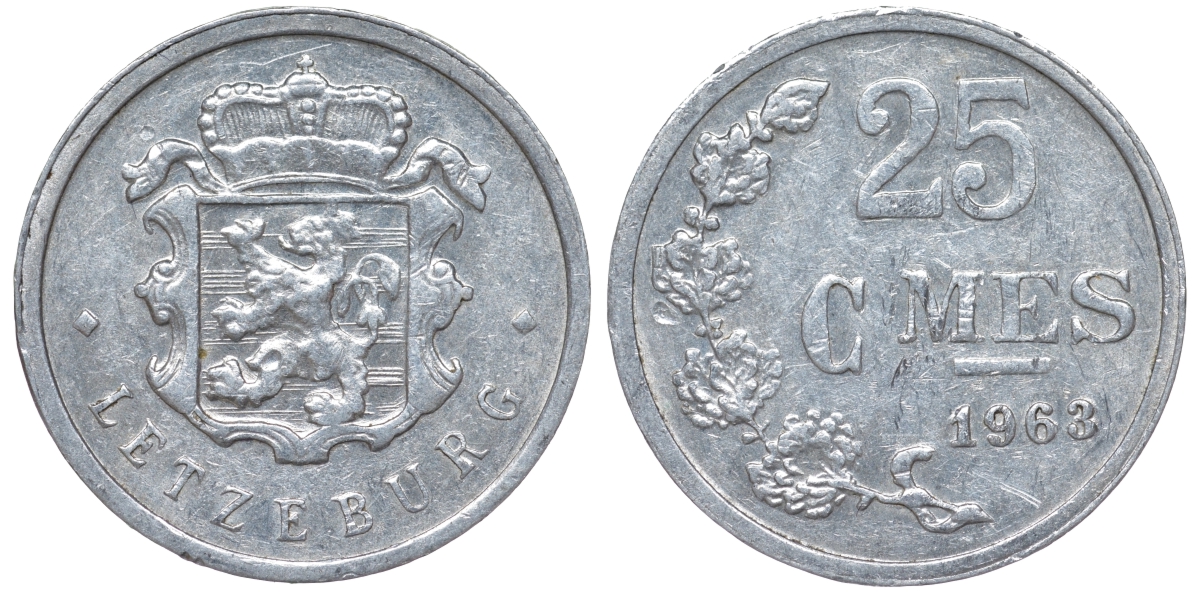 Люксембург 25 сантимов 1963 KM 45a.1 алюминий 4532-935