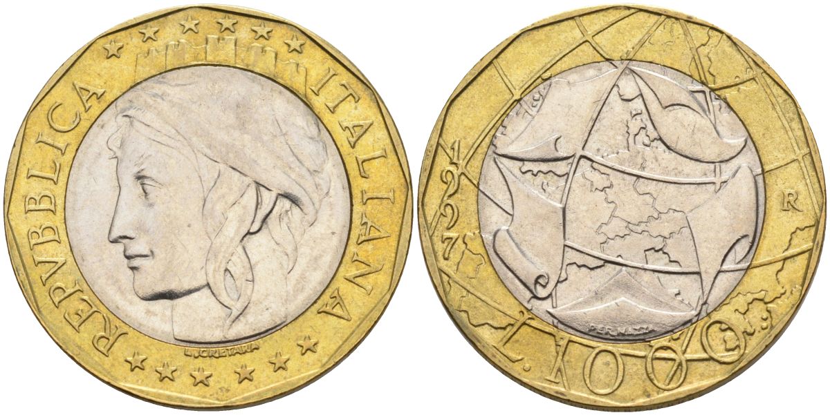 Италия 1000 лир 1997 Европейский Союз, ошибочная карта Европы - ГДР и ФРГ KM 190 биметалл  UNC   4182-124