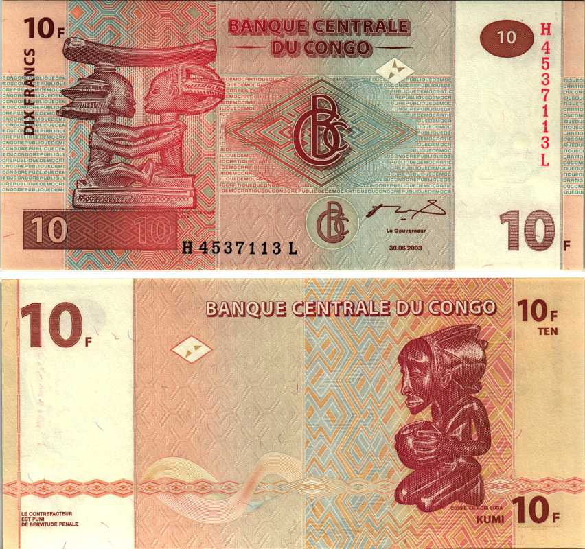 ДР Конго 10 франков 2003 древние фигурки Pick 93 бумага UNC (пресс) 8606-5-2-2