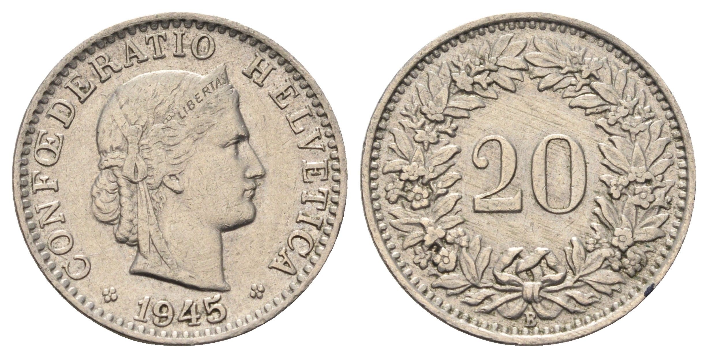 Швейцария 20 раппенов 1945 KM 29a медно-никель 4682-923