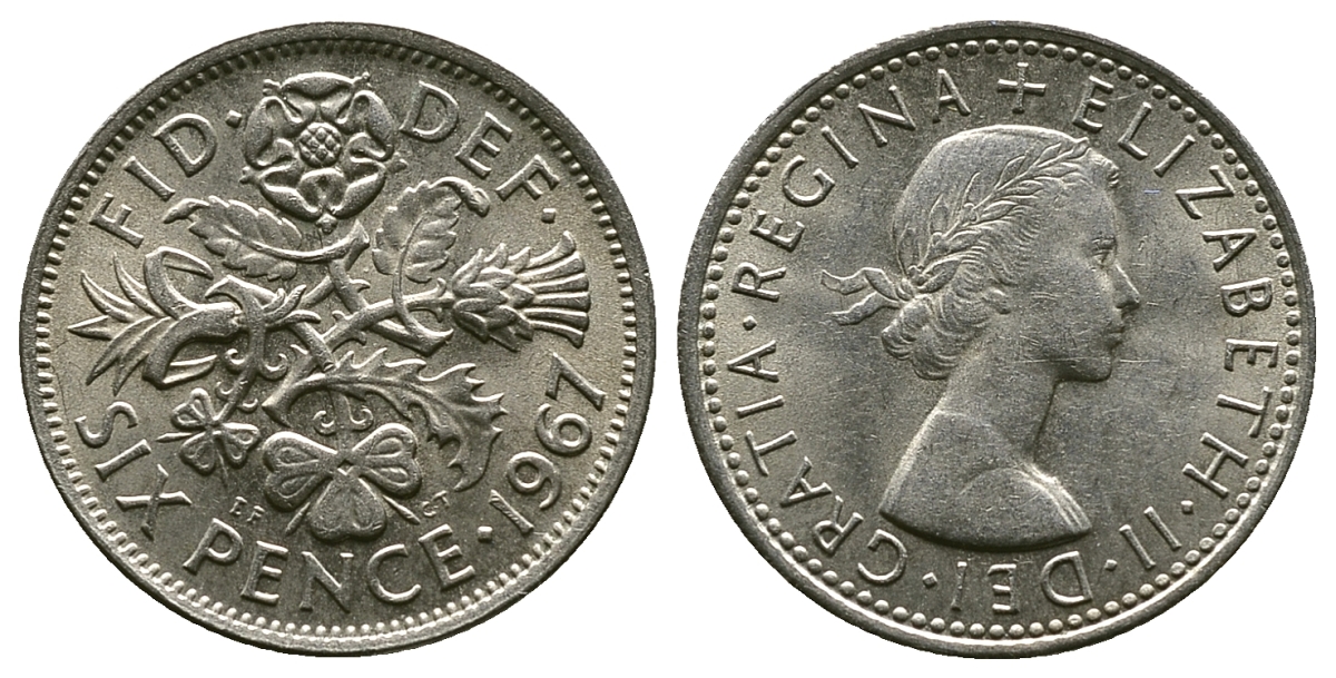 Великобритания 6 пенсов 1967 Елизавета II (1952-2022) KM 903, Spink 4149 медно-никель 4381-858