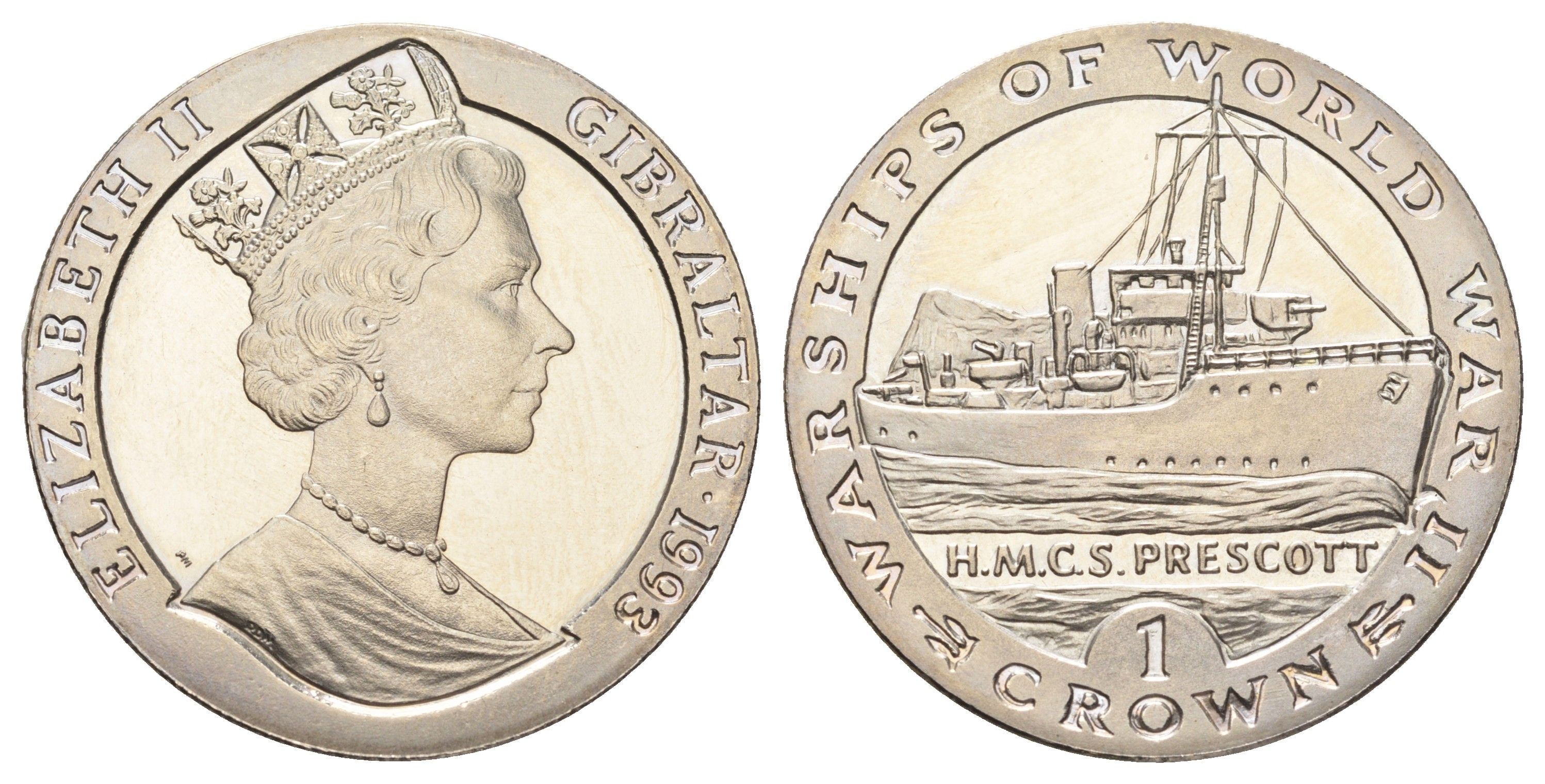 Гибралтар 1 крона 1993 Боевые корабли Второй мировой войны - H.M.C.S. Prescott KM 120 медно-никель BU 1078-2-31