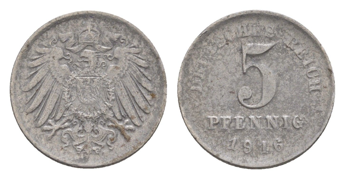 Германия 5 пфеннигов 1916 D, Вильгельм II (1888-1918) KM 19, J. 297, Weege 5 железо плакированное цинком 4640-156