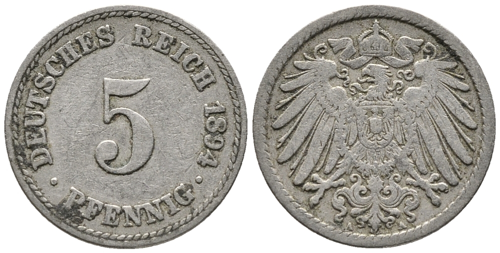 ГЕРМАНИЯ 5 ПФЕННИГОВ 1894 A KM 11, J. 12 медно-никель 39-663