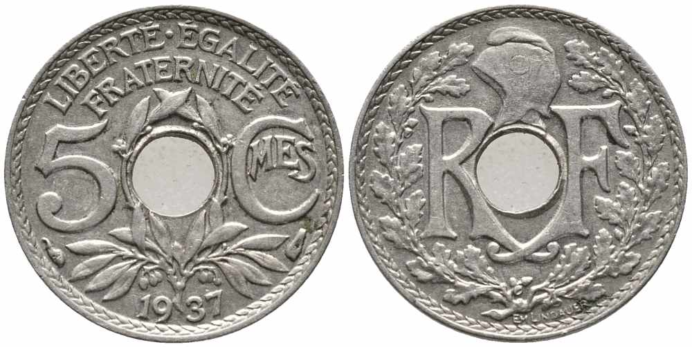 ФРАНЦИЯ 5 САНТИМОВ 1937 ТИП ЛИНДАЙЁ KM 875 медно-никель 72-1144