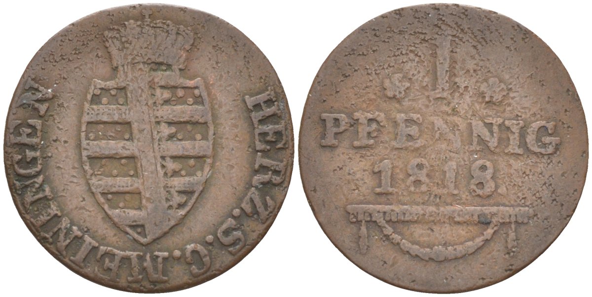 Саксен-Мейнинген 1 пфенниг 1818 Бернхард Эрик (1803-1866) KM 109, Jaeger 410, AKS 177 медь 4383-1056