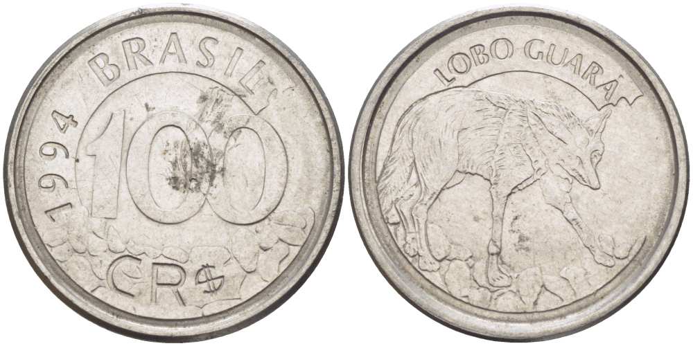 БРАЗИЛИЯ 100 КРУЗЕЙРО РЕАЛ 1994 РЕФОРМА 1993-1994, ВОЛК KM 630 нержавеющая сталь 4388-1141