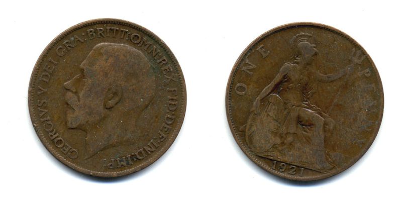 Великобритания 1 пенни 1921 Георг V (1910-1936) KM 810, Spink 4051 бронза 47-623