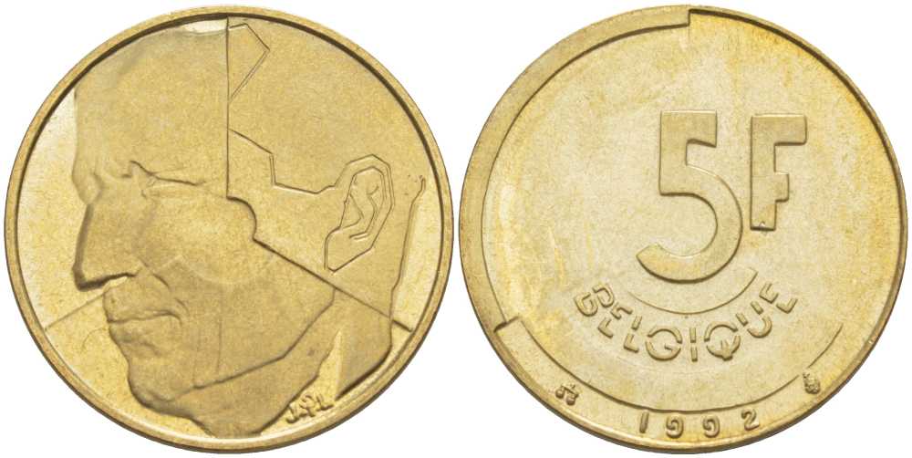 БЕЛЬГИЯ 5 ФРАНКОВ 1992 BELGIQUE, БОДУЭН I (1951-1993) KM 163 латунь или алюминиевая бронза 4364-4136