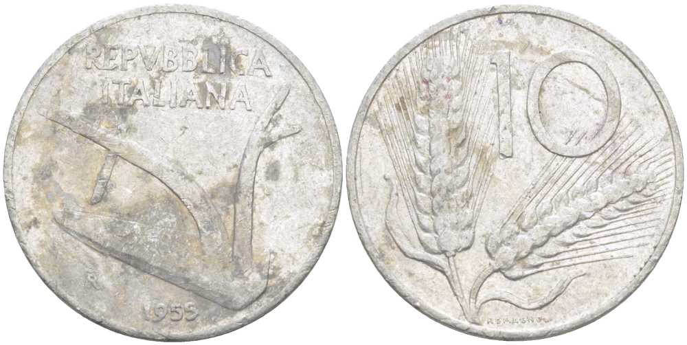 ИТАЛИЯ 10 ЛИР 1955 R, ПЛУГ, КОЛОСЬЯ KM 93 алюминий 175-346