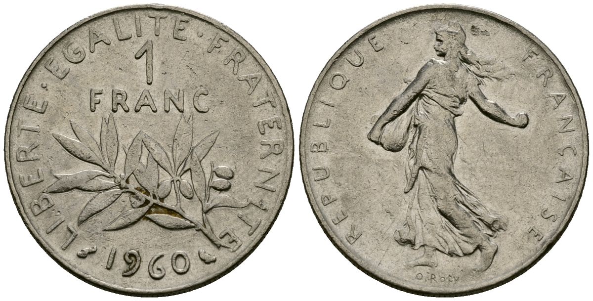 Франция 1 франк 1960 сеятель KM 925.1, Le Franc 226.4 никель 4138-254