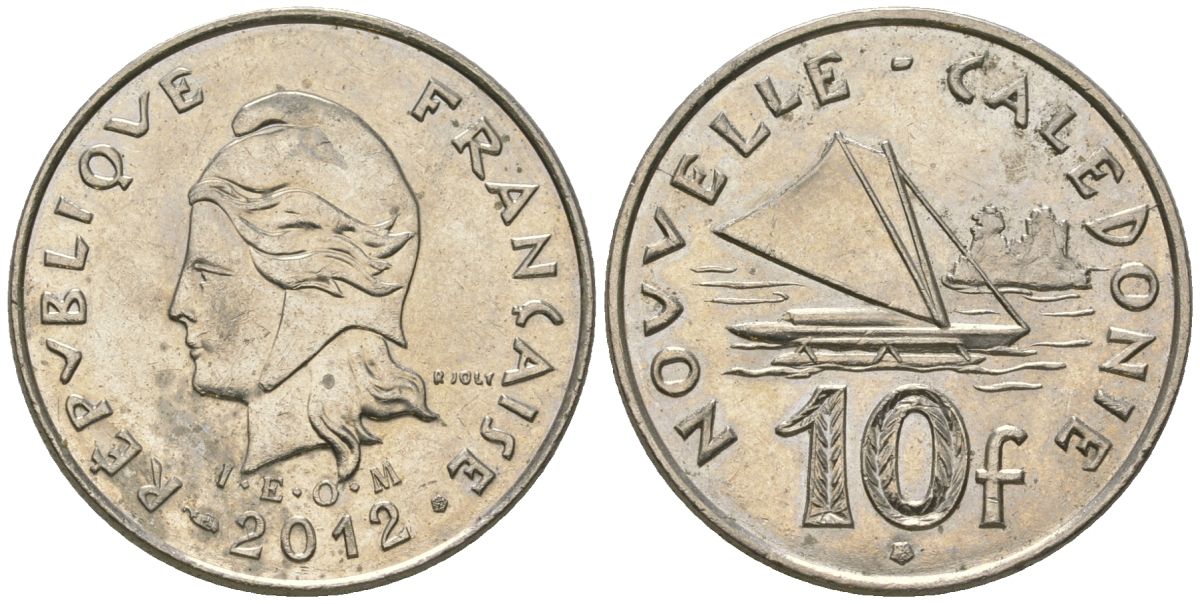 Французская Новая Каледония 10 франков 2012 рыбачья парусная лодка, (IEOM) KM 11a, Schoen 13a, Lec 99k медно-никель 65-222