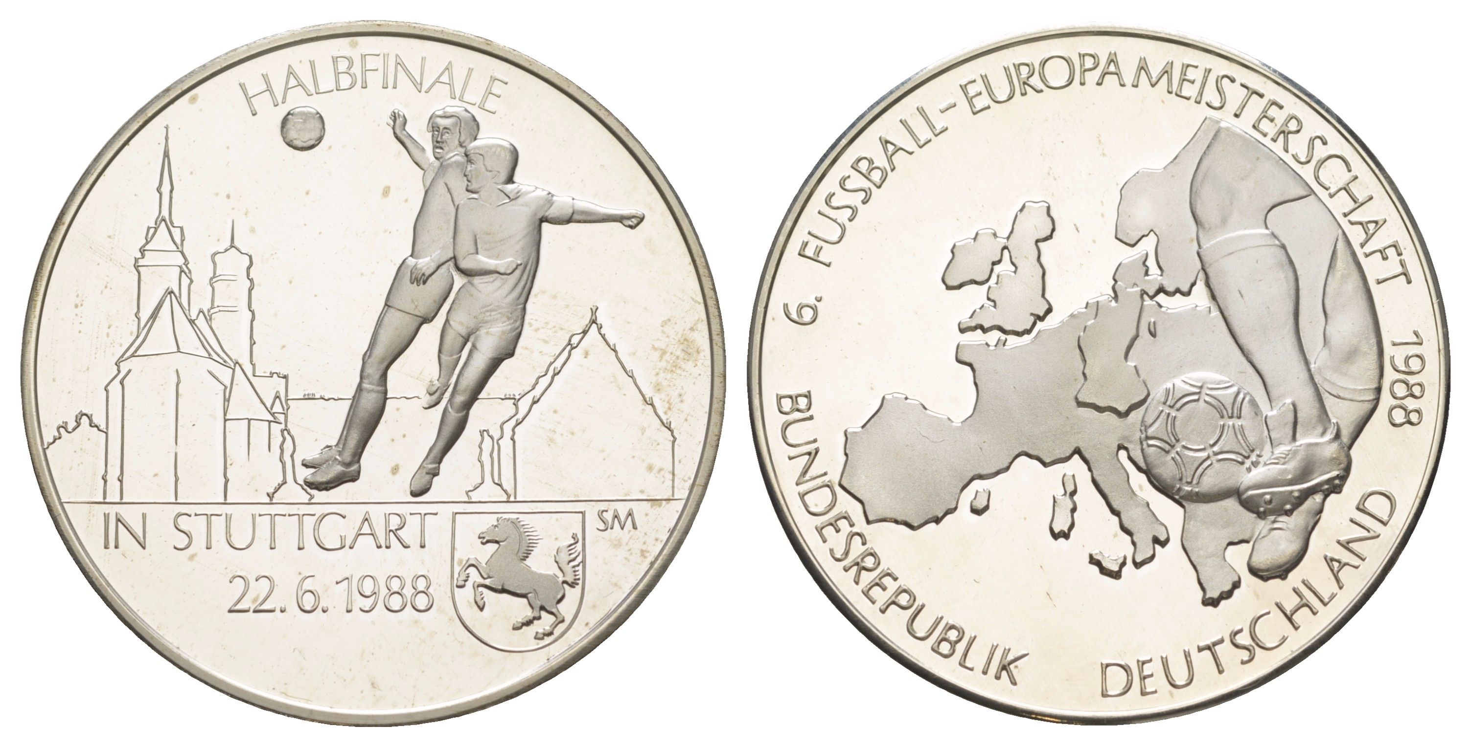ФРГ медаль посвященная Чемпионату Европы 1988 - "полуфинальный матч СССР-Италия22 июня 1988 в Штутгарт" 1988 диаметр 39 мм, вес 23,5 гр серебро PROOF 11-322-25
