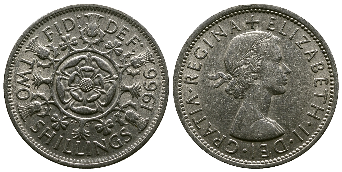 Великобритания 2 шиллинга (флорин) 1966 Елизавета II (1952-2022) KM 906, Spink 4146 медно-никель 4382-646