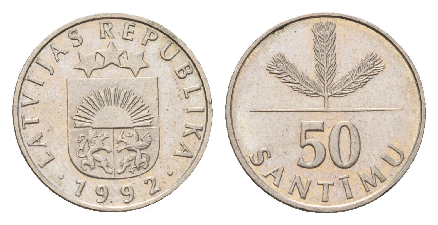 Латвия 50 сантимов 1992 KM 13 медно-никель 105-1146