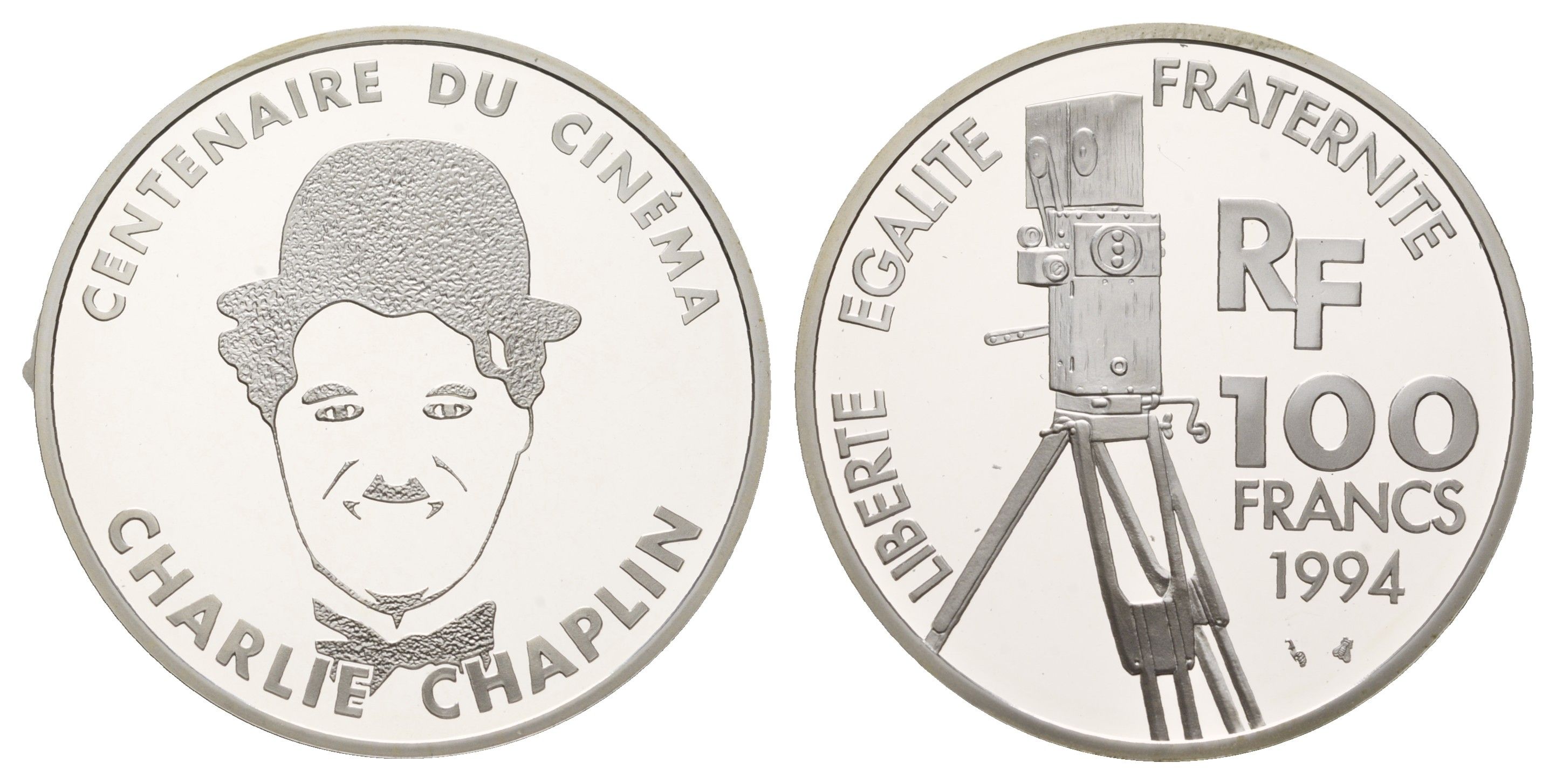 Франция 100 франков 1994 100 лет кинематографу - Чарли Чаплин KM 1076 серебро PROOF 11-313-12