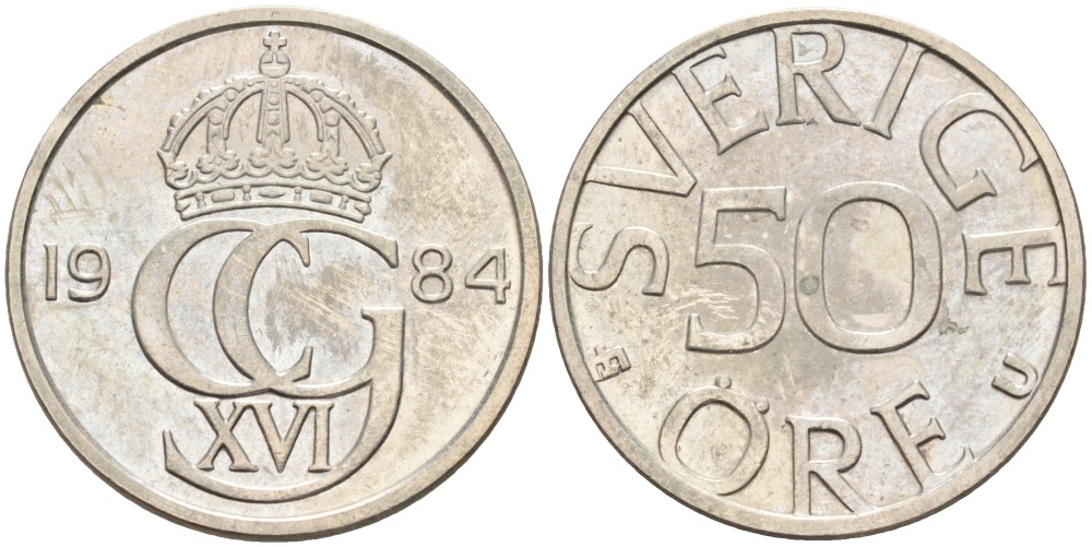 Швеция 50 эре 1984 U, Карл XVI Густав (1973- ) KM 855 медно-никель UNC 4548-1236