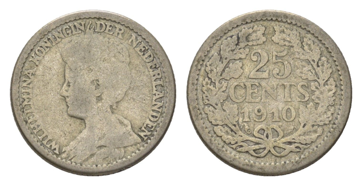 Нидерланды 25 центов 1910 Вильгельмина (1890-1948) KM 146 серебро 4623-726