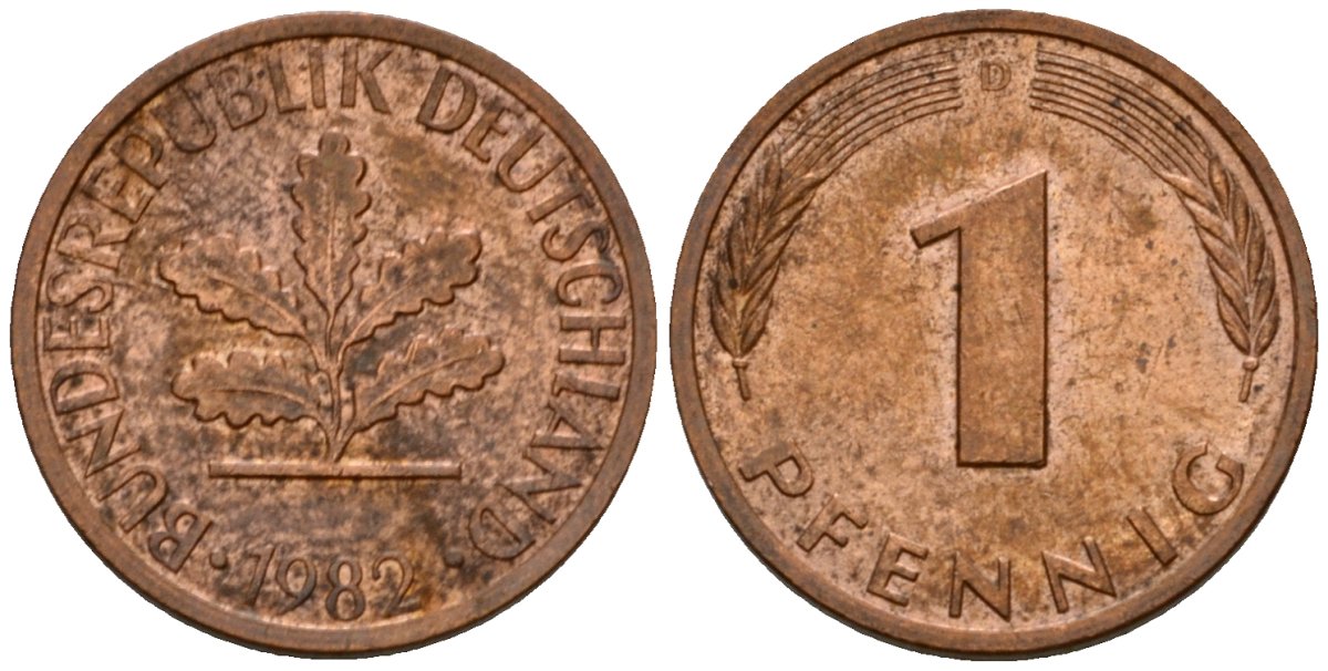 ФРГ 1 пфенниг 1982 D KM 105, J.380 сталь плакированная медью 4602-761