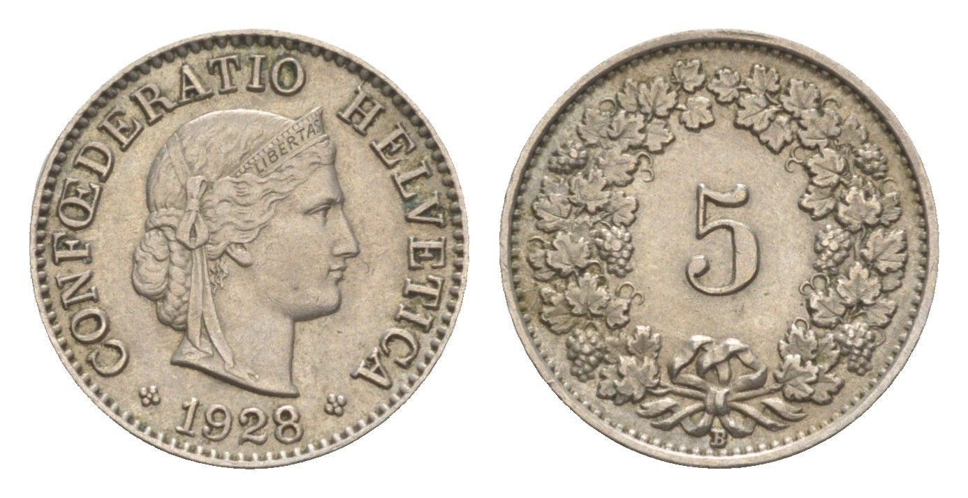 Швейцария 5 раппенов 1928 B KM 26 медно-никель 4532-535
