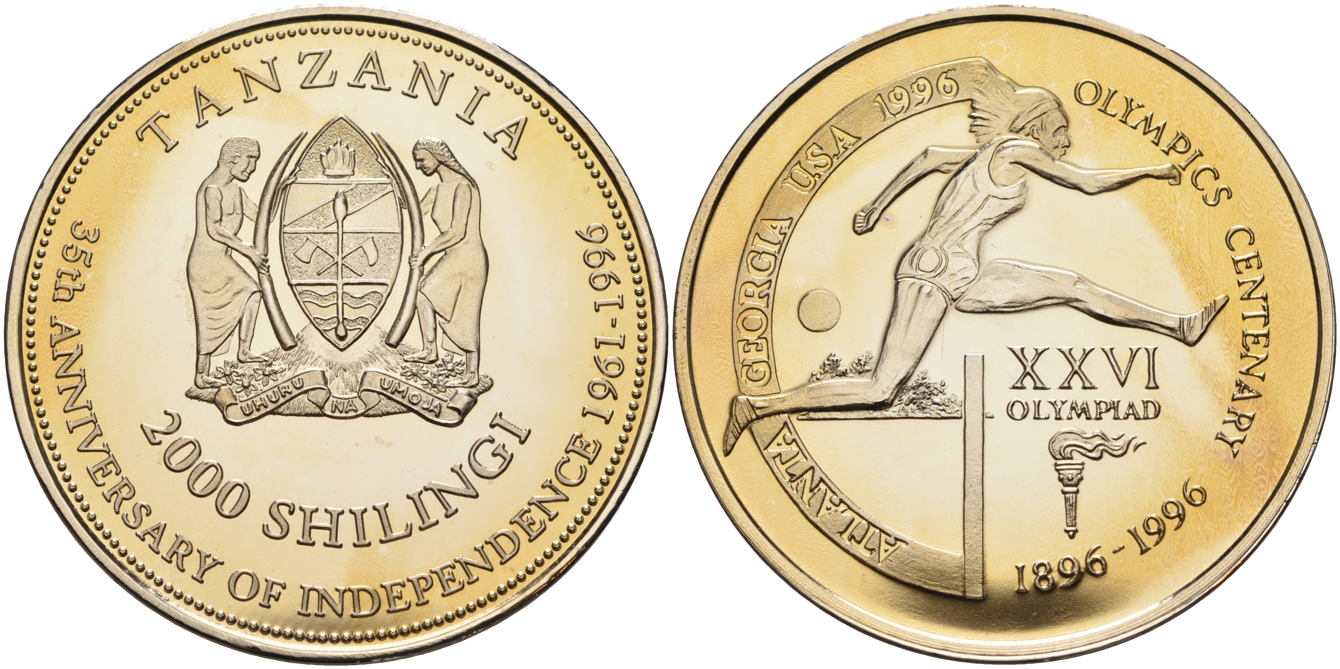 Танзания 2000 шиллингов 1996 XXVI Олимпийские игры 1996 года в Атланте, 100 лет Олимпийскому движению, бег с барьерами, пробник, гладкий гурт медно-никель PROOF 06-135-43