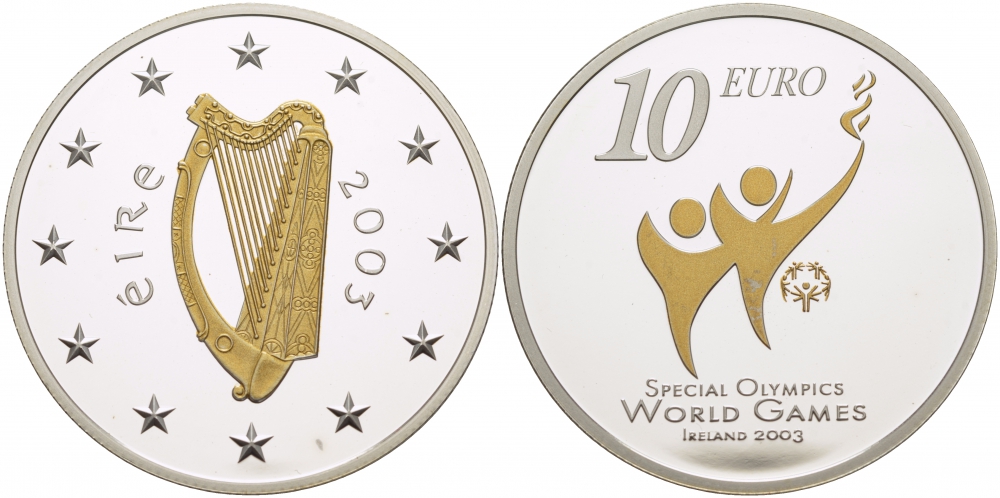 Ирландия 10 евро 2003 специальные Олимпийские игры в Ирландии 2003, позолота KM 41 серебро PROOF 01-162-31