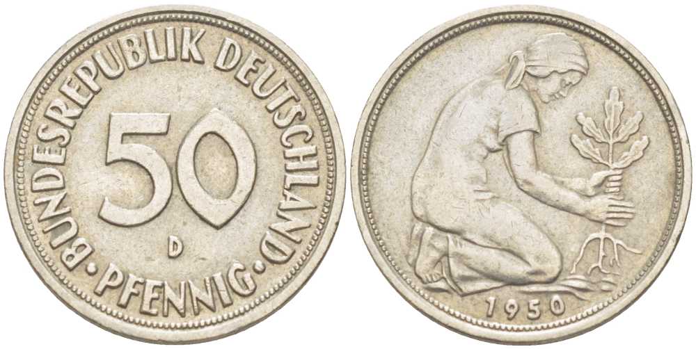 ФРГ 50 ПФЕННИГОВ 1950 D KM 109.1, J. 384 медно-никель 211-658