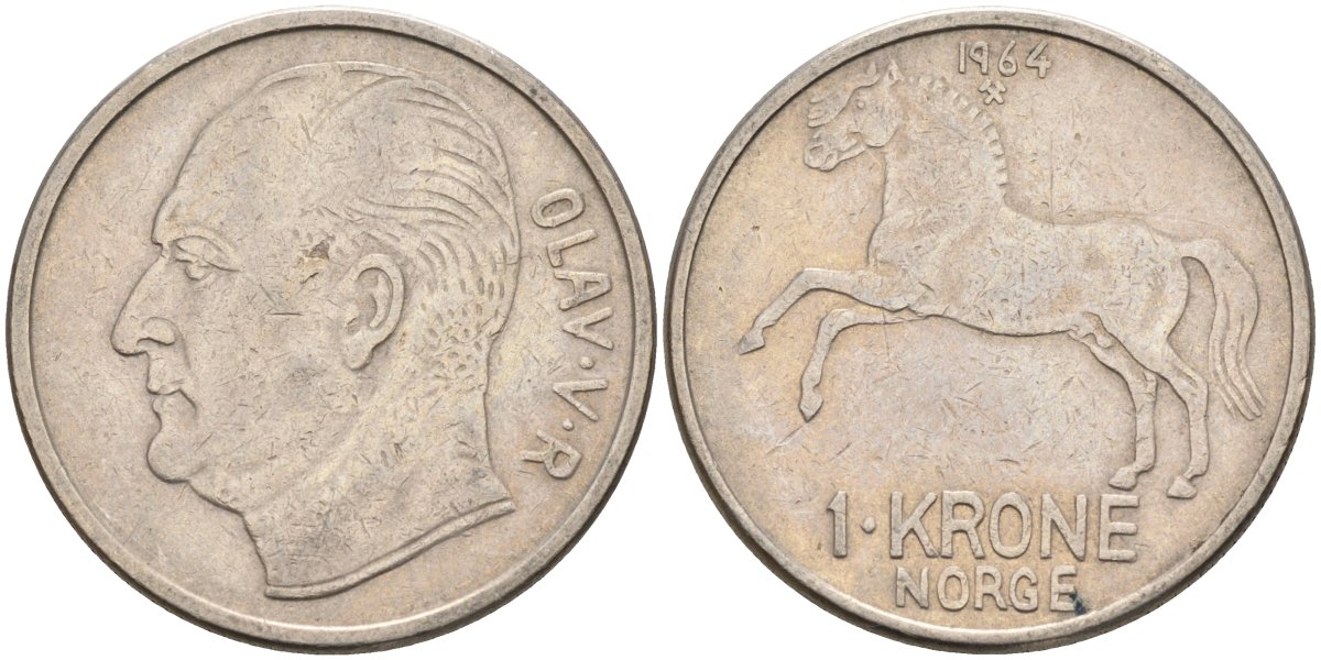 Норвегия 1 крона 1964 лошадь, Улаф V (1958-1991) KM 409 медно-никель 4575-742