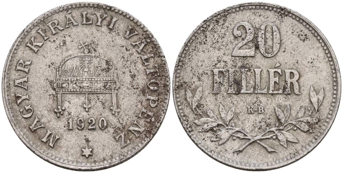 Венгрия 20 филлеров 1920 КВ, Карл I (1916-1918), редкий год KM 498 железо 4151-1023