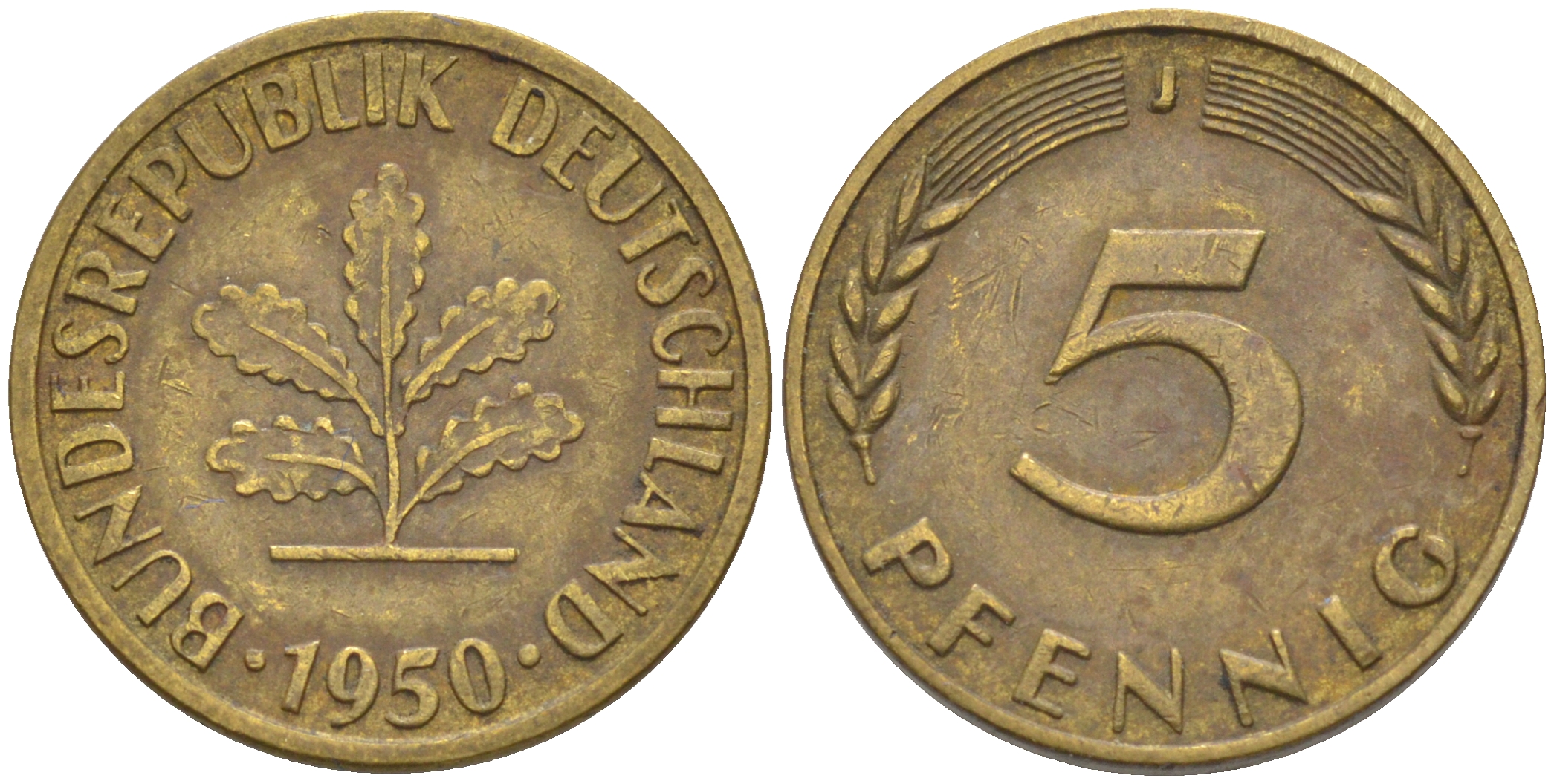 ФРГ 5 пфеннигов 1950 J KM 107, J. 382 сталь плакированная латунью 55-1256