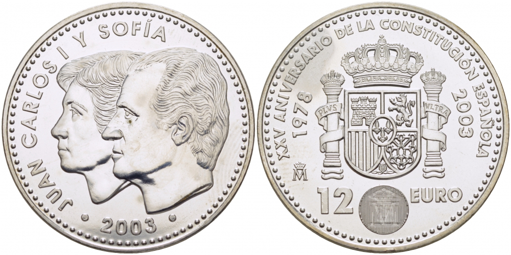 Испания 12 евро 2003 Карлос и София, 25 лет Конституции Испании KM 1051 серебро UNC 1077-10-22