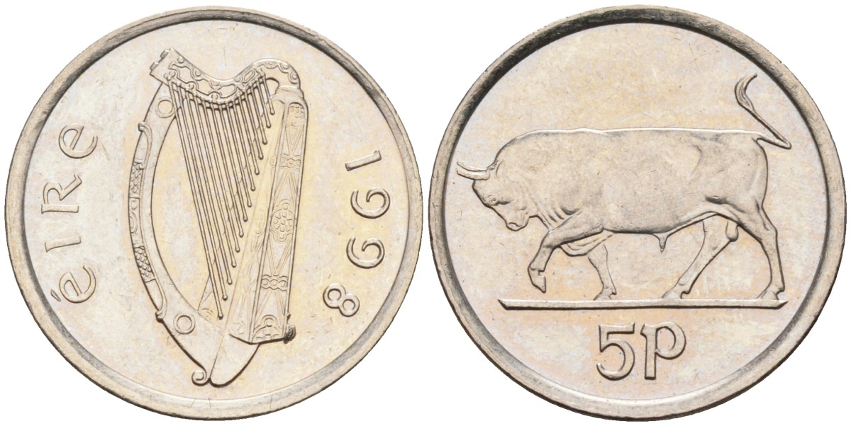 Ирландия 5 пенсов 1998 бык KM 28 медно-никель UNC 4580-938