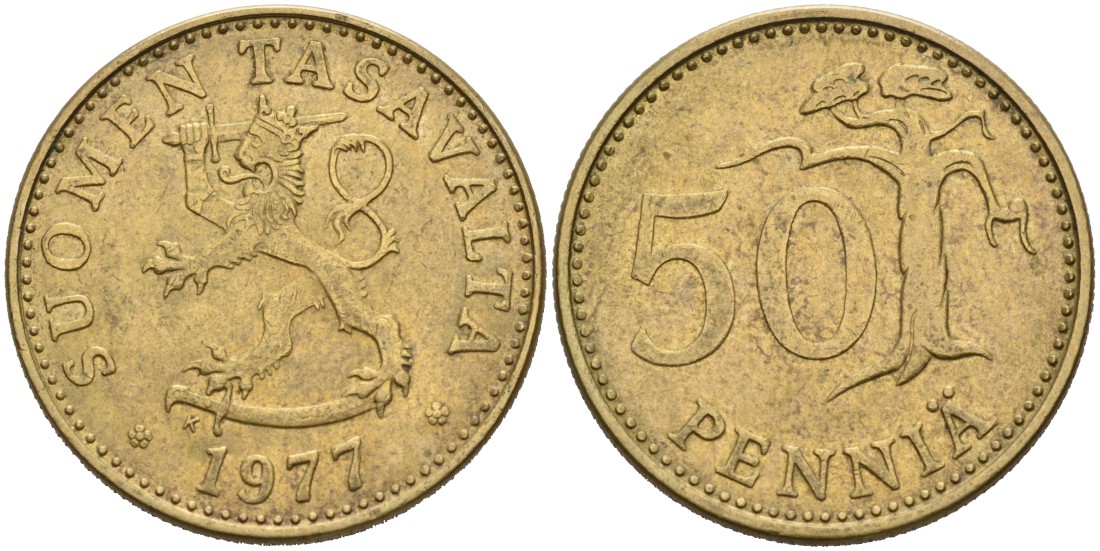 ФИНЛЯНДИЯ 50 ПЕННИ 1977 K KM 48 алюминиевая бронза 4563-433