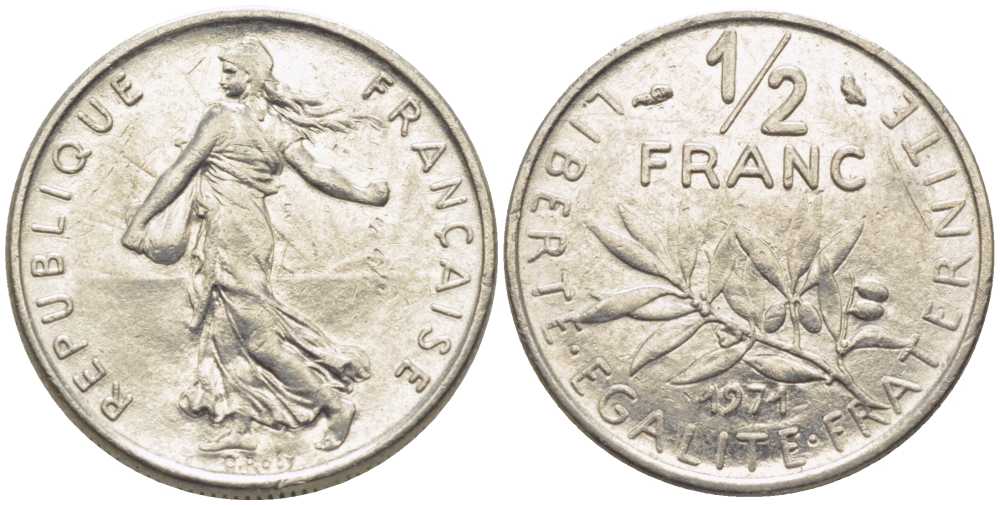 ФРАНЦИЯ 1/2 ФРАНКА 1971 СЕЯТЕЛЬ KM 931.1, LE FRANC 198.10 никель 175-941