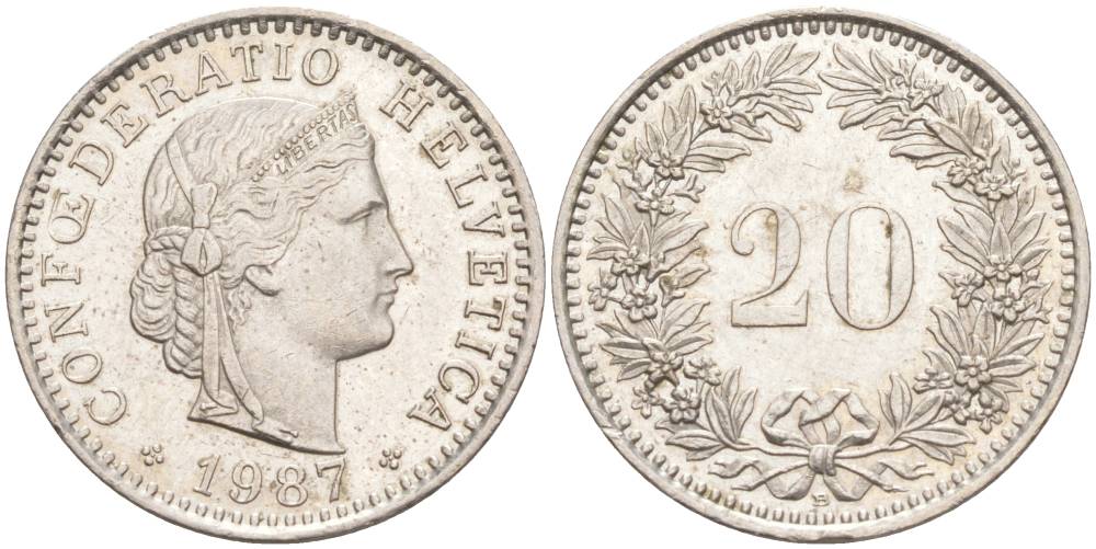 ШВЕЙЦАРИЯ 20 РАППЕНОВ 1987 В KM 29a медно-никель 55-1026