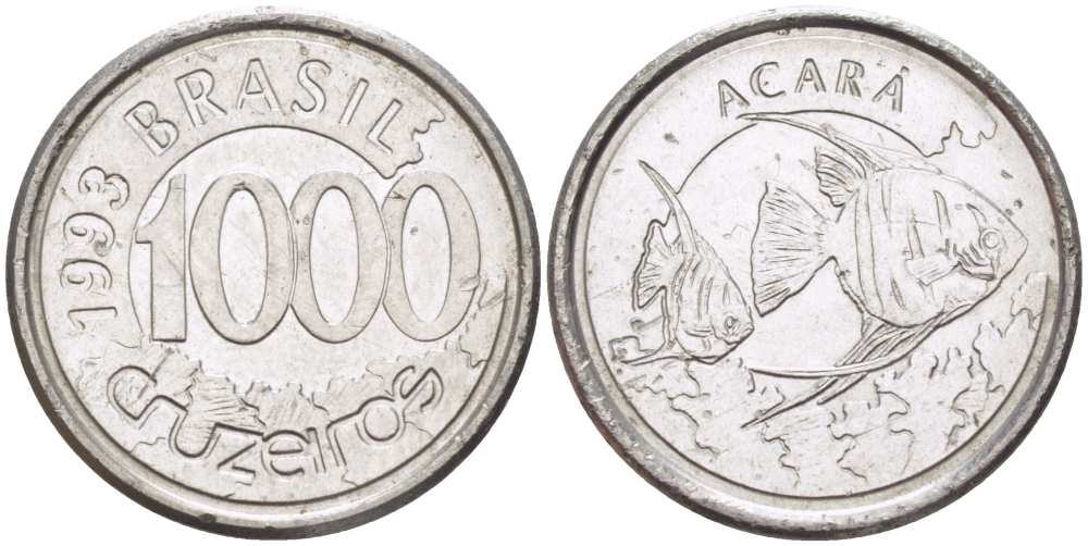 Бразилия 1000 крузейро 1993 реформа 1990-1993, рыбка Акара KM 626 нержавеющая сталь 26-858