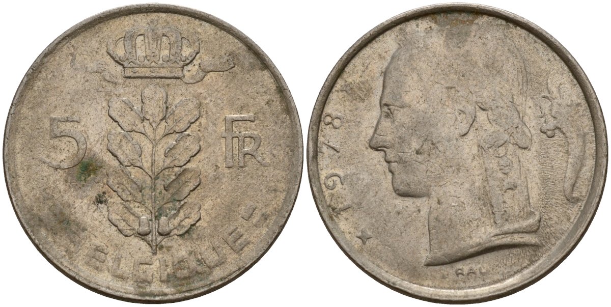 Бельгия 5 франков 1978 Belgique, Бодуэн I (1951-1993) KM 134 медно-никель 4156-653