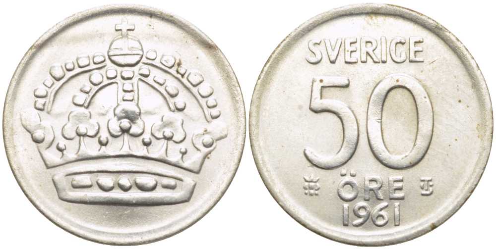 Швеция 50 эре 1961 TS, Густав VI Адольф (1950-1973) KM 825 серебро 119-1052