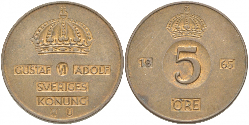 Швеция 5 эре 1965 U, Густав VI Адольф (1950-1973) КМ 822 бронза 77-531