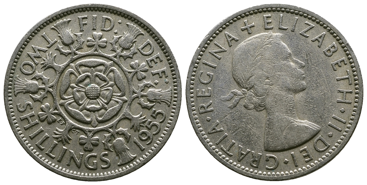 Великобритания 2 шиллинга (флорин) 1955 Елизавета II (1952-2022) KM 906, Spink 4146 медно-никель 4607-923