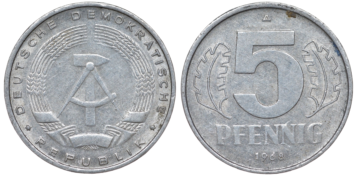 ГДР 5 пфеннигов 1968 A KM 9.1 алюминий 62-212