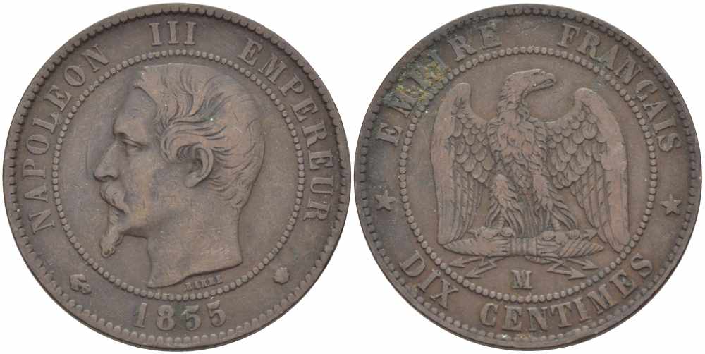 Франция 10 сантимов 1855 MA, Наполеон III (1852-1870) KM 771.6, Le Franc 133.29 бронза    4680-534