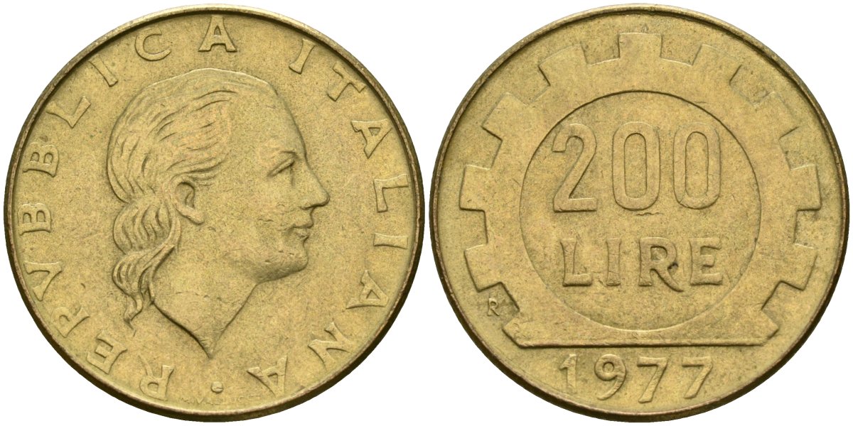 Италия 200 лир 1977 R, шестерня KM 105 алюминиевая бронза 4171-936