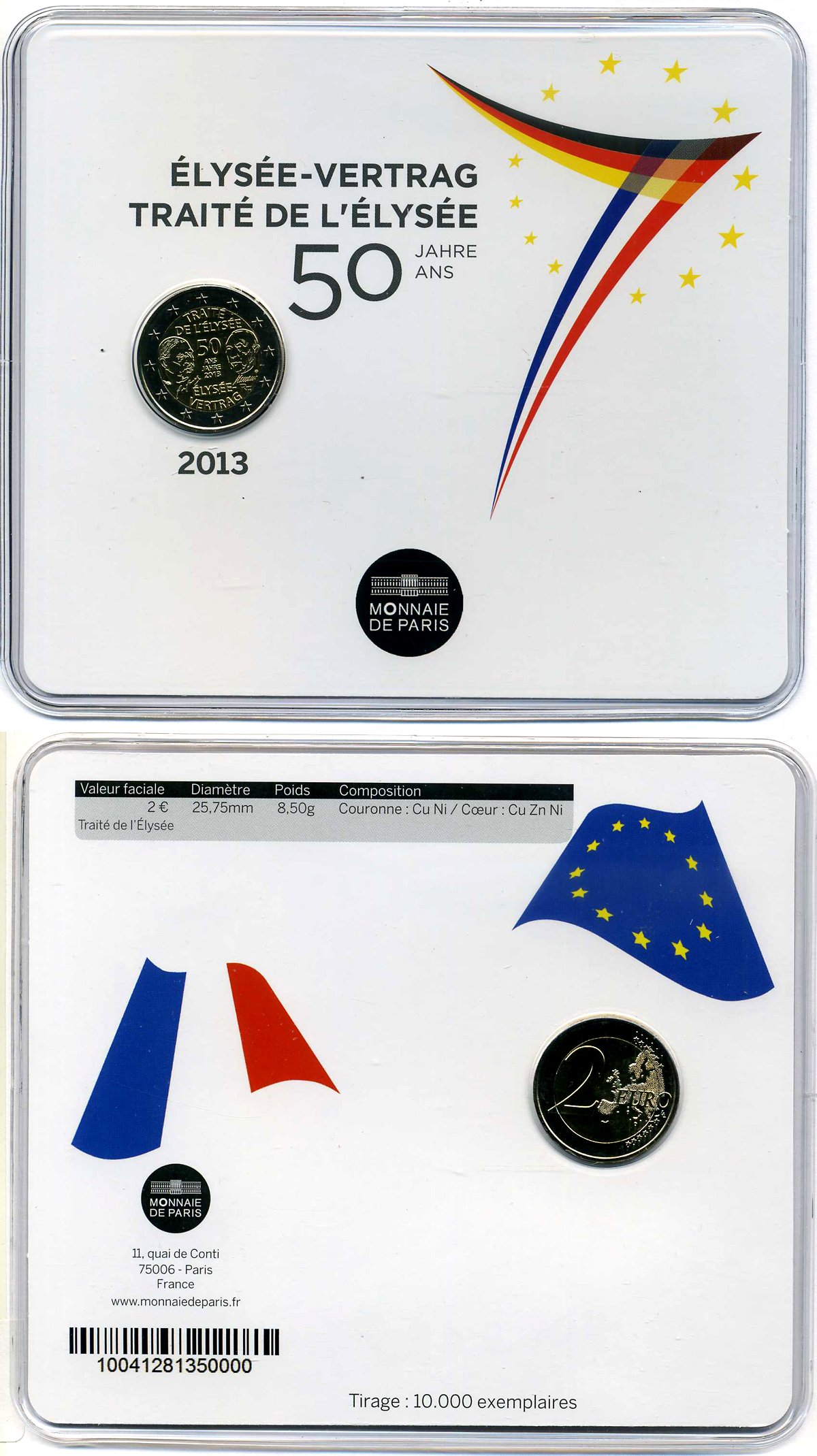 Франция 2 евро 2013 50 лет подписания "Елисейского договора", буклет, пластик, запайка KM 2094 биметалл BUNC 3897-1-2